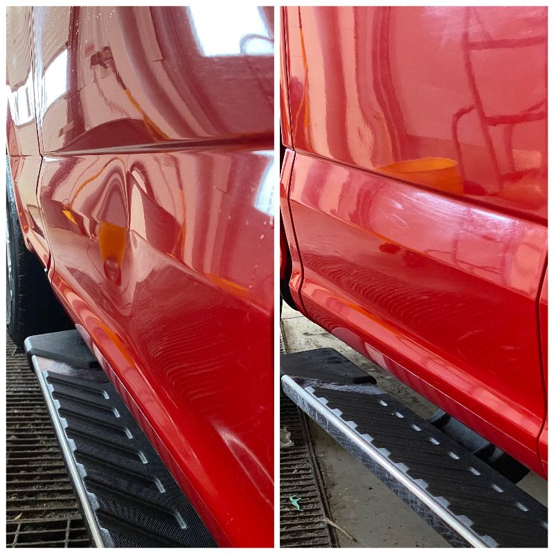 Before and after photo of dent in red truck door