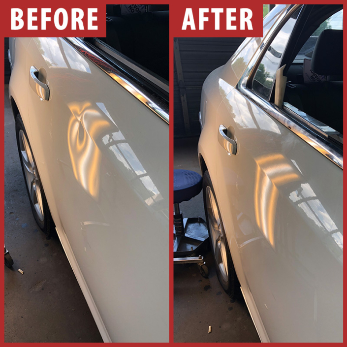Before and after photo of dent in white car door