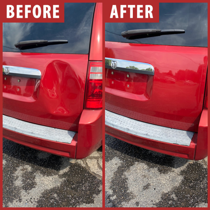 Before and after photo of dent in red van rear door