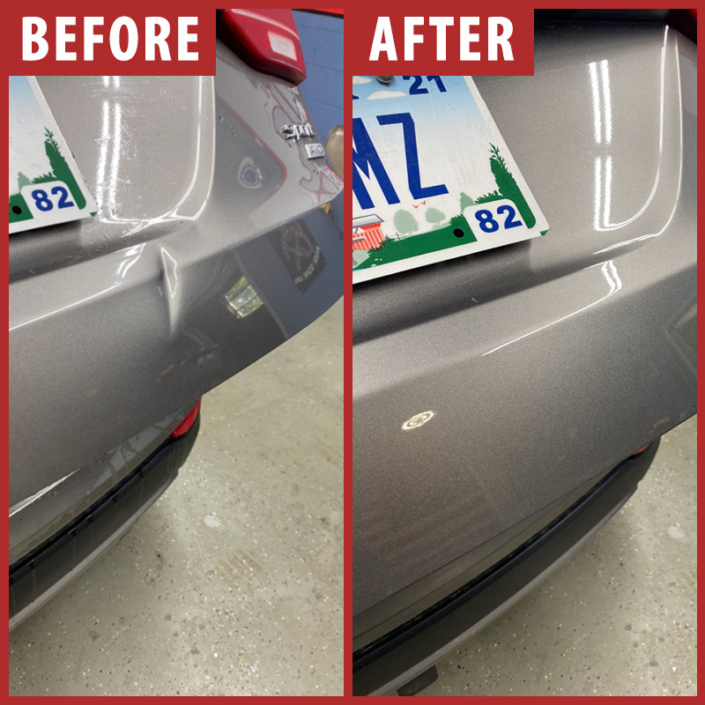 Before and after photo of dent in grey car bumper