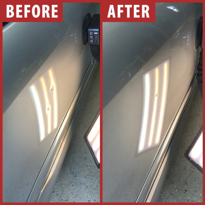 Before and after photo of dent in grey car door
