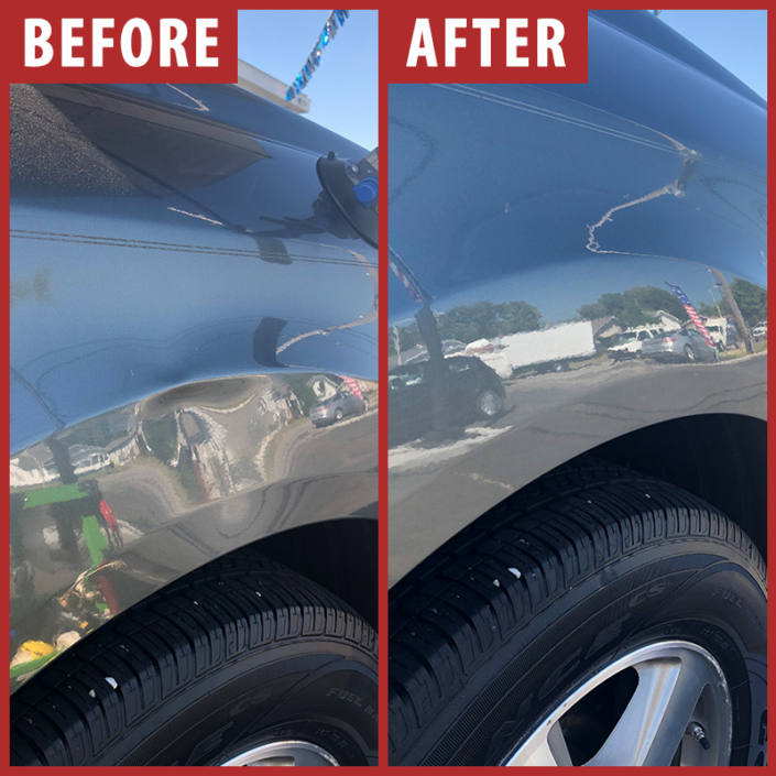 Before and after photo of dent in grey SUV side panel
