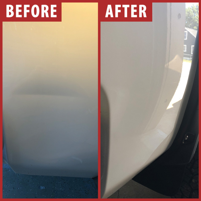 Before and after photo of dent in white truck bumper