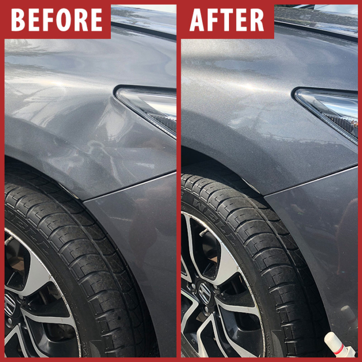 Before and after photo of dent in grey car front side panel