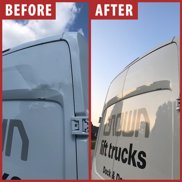 Before and after photo of business van rear doors